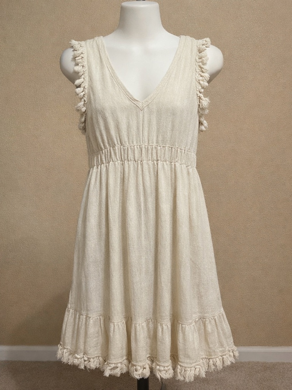 Umgee USA Boho Tassel Fringe Dress Womens M Cream Sleeveless Flowy Mini Festival